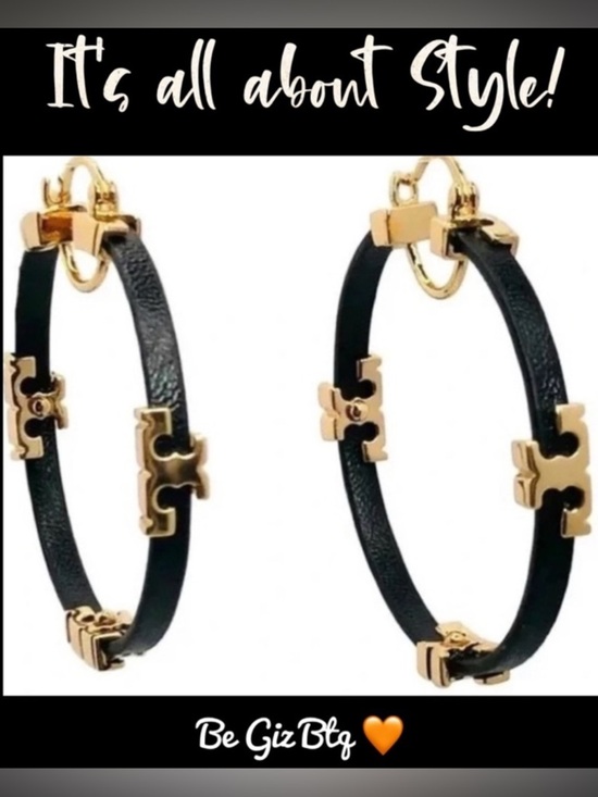 Icon Hoop Earrings: Women NWOT Authentic Tory Burch Gold Black Serif T & Leather Hoop Earrings